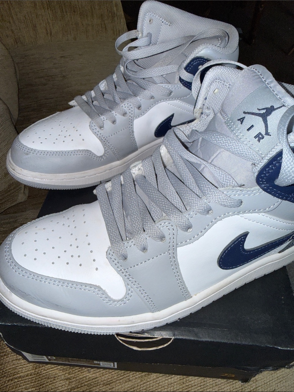 Jordan High-Top Sneakers in White, Light Gray & Navy
